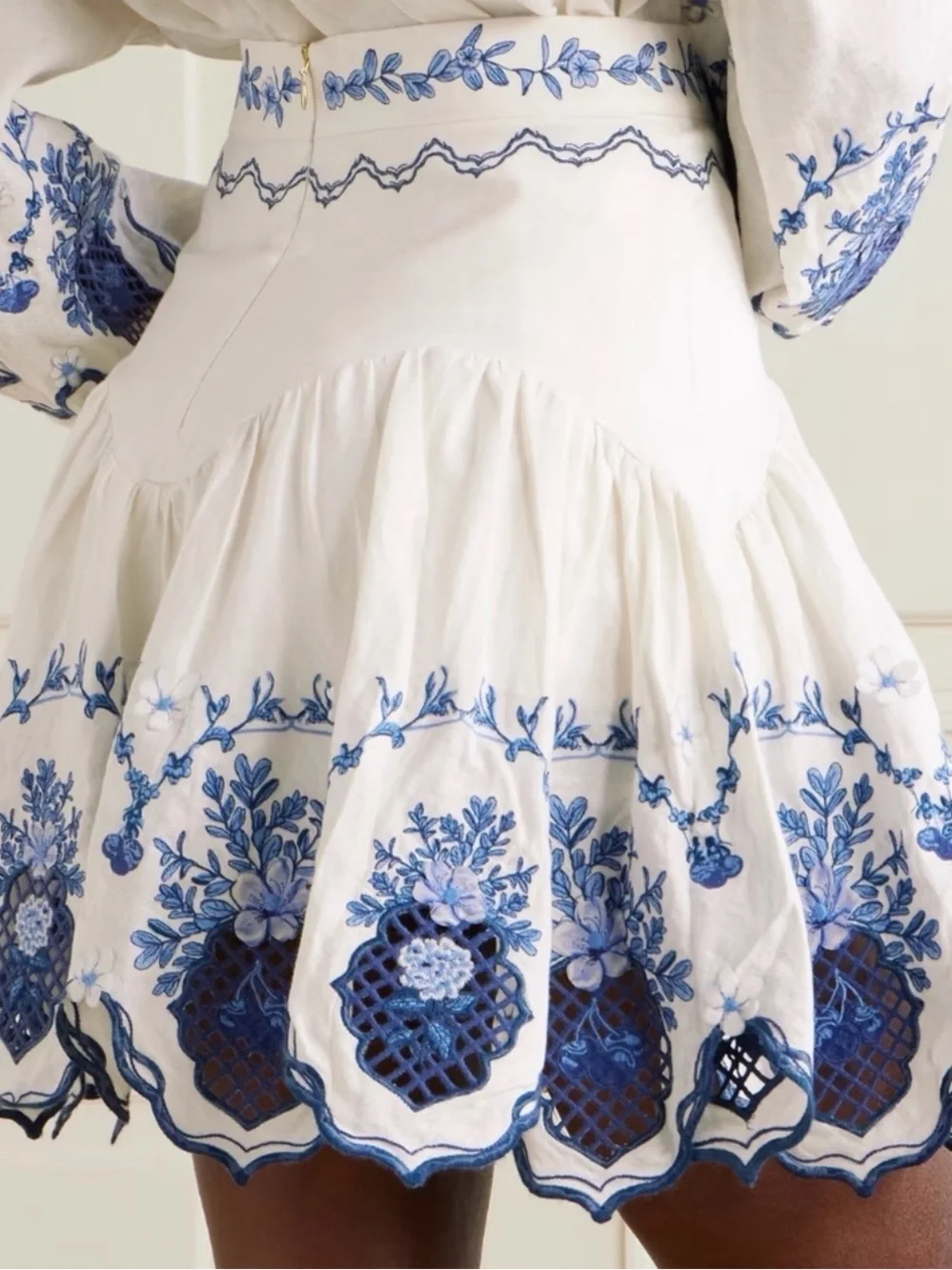 Agua Bendita White & Blue Embroidered  Skirt